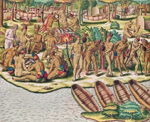 Americae Tertia Pars, Deliberando Antes de uma Expedição Contra os Inimigos (pág. 432), 1563 (gravura colorida)